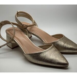 A New Day Block Heel Pumps Women Size 9 Gold Metallic Ankle Strap Pointed Toe